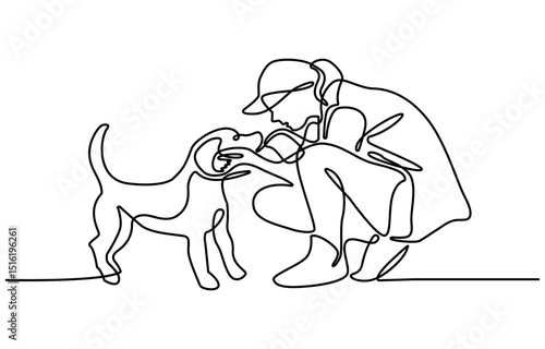 Continuous line drawing of woman happy pet lover with dog. Young female enjoy playing with her cute dog linear sketch isolated on white background. Friendship about human and pet animal concept