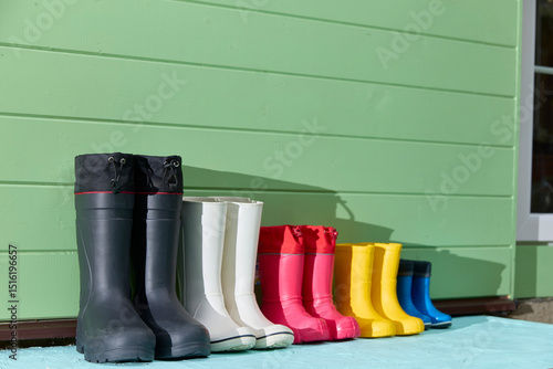 Принти на полотні Colorful Rubber Boots Lined Up Against Green Wall