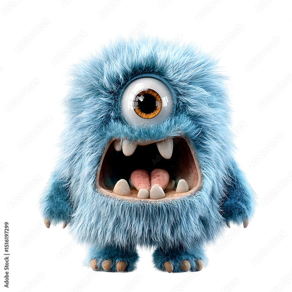 Obraz premium Adorable Fluffy Blue One Eyed Monster Open Mouth Transparent Background Isolated