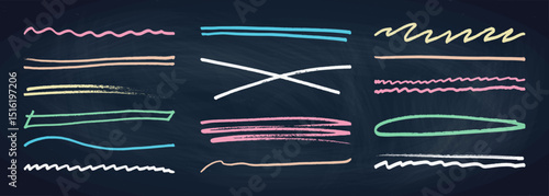 Underline stroke chalk scribbles doodle line collection on chalkboard. Hand drawn outline sketch wave brush mark elements crosshatch rough dividers set for text highlight underline emphasis