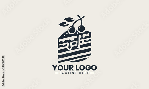 Vector logo of a cake slice with layers of icing and cherry toppings in minimalist illustration