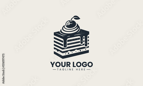 Delicious slice of cake with layered icing and cherries on top in vector logo illustration style