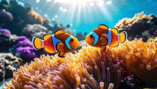 Two clownfish near anemone, vibrant colors underwater