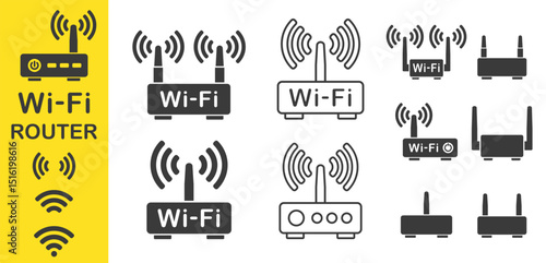 Wifi router icon symbol shape set. Wlan modem sign logo silhouette.  adsl, dsl, network, wireless internet connection. Vector illustration. Isolated on white background.