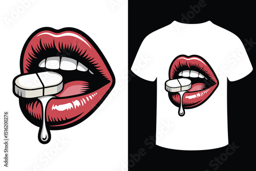  Pop Art Lips with Pill and Drool T-Shirt Design