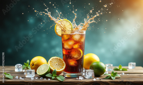 Wallpaper Mural A mojito cocktail with lime slices and mint leaves splashes over ice cubes against a green background. Torontodigital.ca