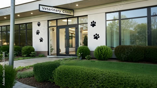 Veterinary clinic exterior with garden and paw prints on walls