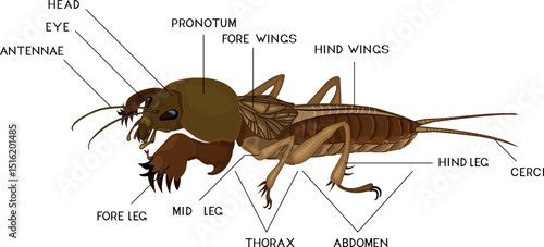 Structure of mole cricket insect for biology lesson