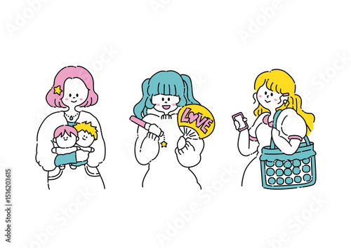 Kawaii Otaku Girl Illustration Set Hand Drawn Style