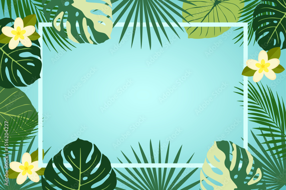 A banner with green tropical leaves on a blue gradient background and a white border. Exotic botanical design for cosmetics, spa, perfumes, beauty salon, travel agency, flower shop. Vector A banner with green tropical leaves on a blue gradient background and a white border. Exotic botanical design for cosmetics, spa, perfumes, beauty salon, travel agency, flower shop. Vector