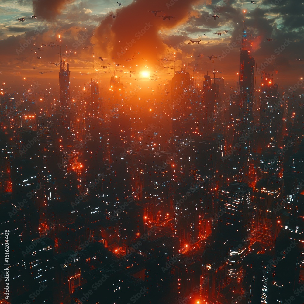 Fototapeta premium Futuristic Cityscape at Dusk with Flying Vehicles and Glowing Lights