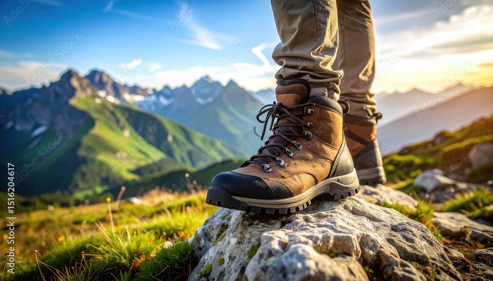 A solitary figure conquers the majestic mountain peak, breathtaking vista A solitary figure conquers the majestic mountain peak, breathtaking vista