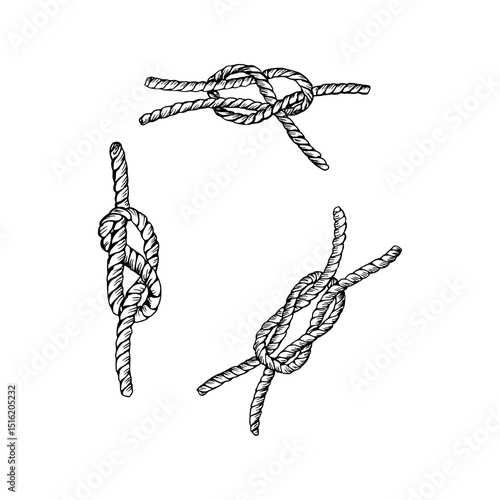 Three detailed illustrations of different rope knots, commonly used in marine. Hand drawn vector illustration. Black and white line art style. Isolated on white. For cards clip art packages.