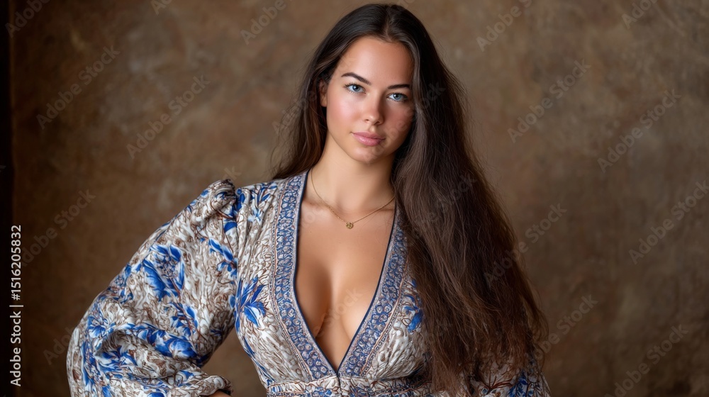 Fototapeta premium Elegant woman with long dark hair wearing a patterned dress against a textured brown background