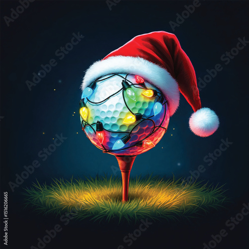 Festive golf ball wearing a santa hat and wrapped in christmas lights on a golf tee