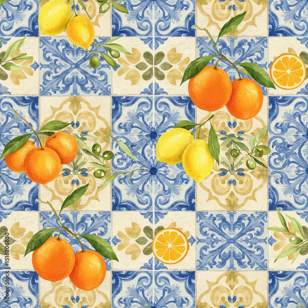 Obraz premium Mediterranean tile pattern with lemons, oranges, olive branches, and cobalt blue arabesque motifs
