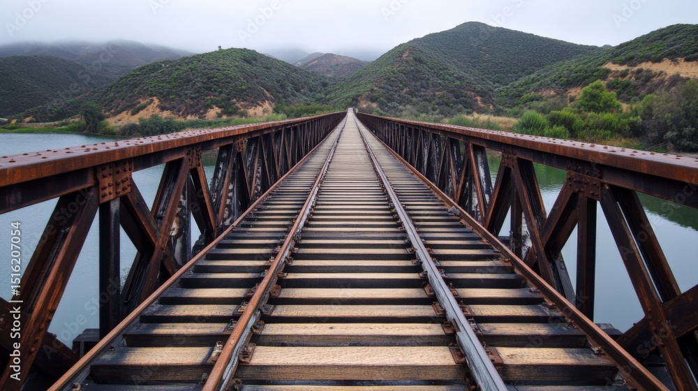 Fototapeta premium Long railway bridge extending into the distance over a river with green hills and mountains in the background