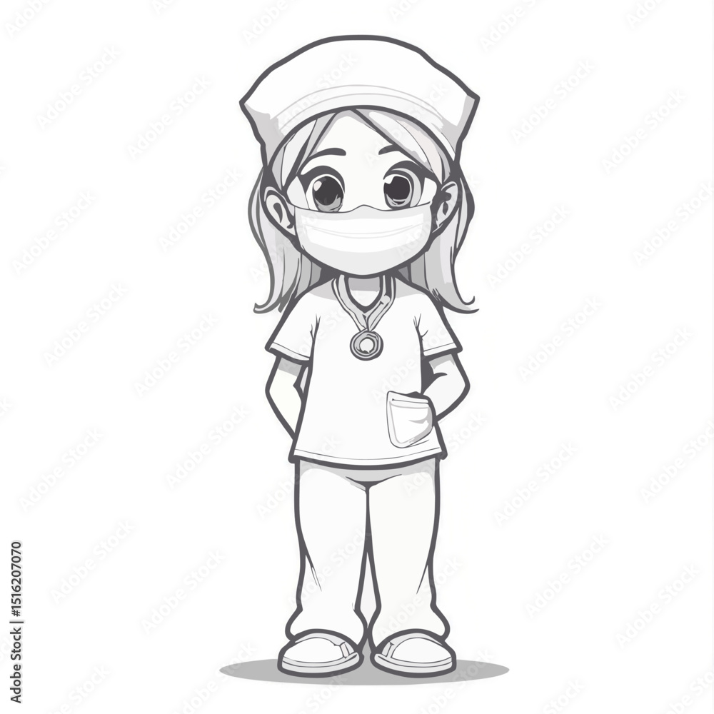 A grayscale cartoon nurse in scrubs mask and cap stands with hands behind her A grayscale cartoon nurse in scrubs mask and cap stands with hands behind her