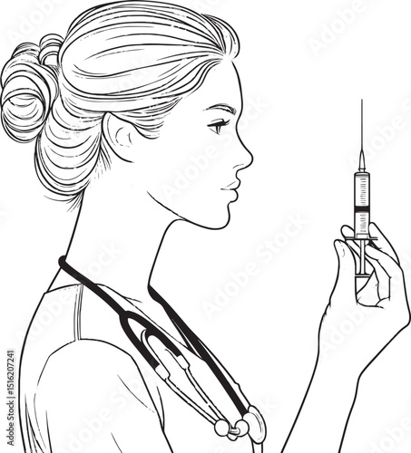 A nurse holds a syringe viewed in profile She wears a stethoscope and her hair is in a bun