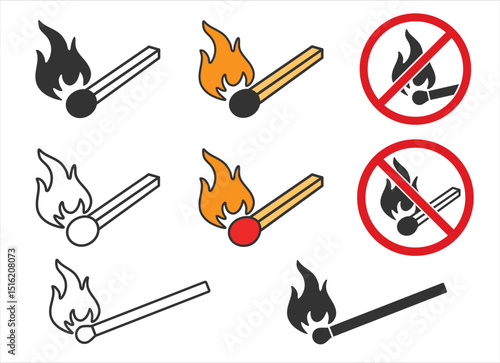 Burning match with fire icon symbol. Line art stroke. Match stick flame logo sign. Flammable, burn, ignite.  No open flames. Vector illustration. Isolated on white background.
