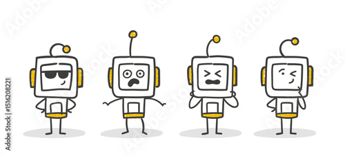 Stick Figure / Strichmännchen / Strichfiguren Robot: Roboter, KI, AI, Emotionen, cool, Sonnenbrille, geschockt, Schmerz, nachdenken (Nr. 7)