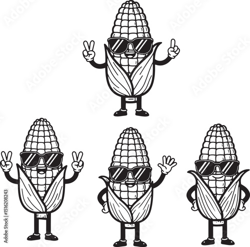 Festive Cartoon Corn Cob Characters with Sunglasses and Fun Poses for Corn-Related Holidays, Seasonal Trends, Harvest Festivals, Farming Events, and Agricultural Celebrations