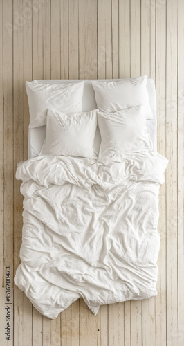 White Linen Bed on Wooden Floor - Cozy Bedroom Decor