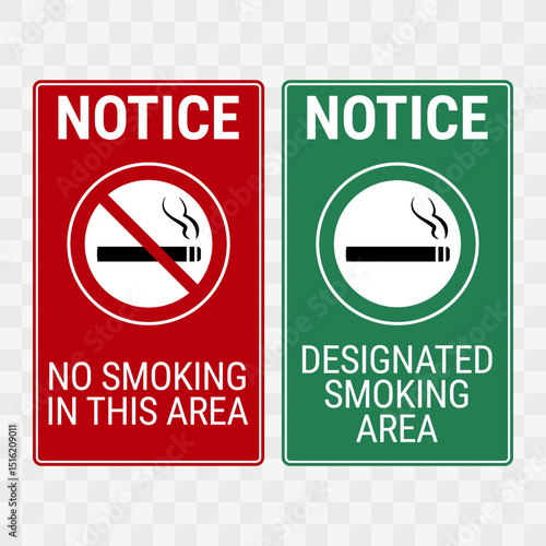 No smoking and designated smoking area notice signs. Vector signs on a checkered background