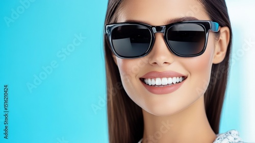 Wallpaper Mural Smiling woman wearing stylish sunglasses with a bright blue background Torontodigital.ca
