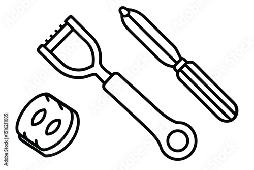 Isolated on white, this set of cooking tools includes a wrench, screwdriver, and kitchen utensils like a fork, spatula, spoon, and knife