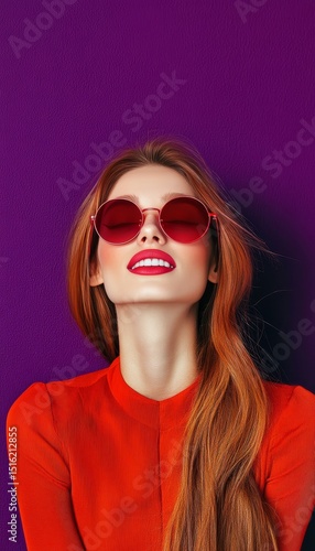 Wallpaper Mural Portrait of a Stylish Young Woman in Red, Smiling with Sunglasses on a Vibrant Purple Background Torontodigital.ca