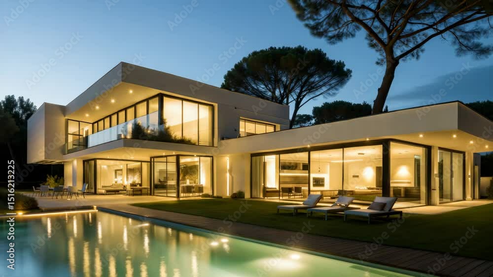 Modern house exterior with pool and backyard at sunset Modern house exterior with pool and backyard at sunset