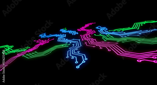Colorful Neon Glow Circuit Board With Futuristic Data Stream Elements