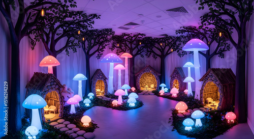 Enchanted Woodland Display With Bioluminescent Fungi And Miniature Cottages