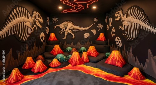 Immersive Dinosaur Experience With Volcanic Decor and Prehistoric Skeletons