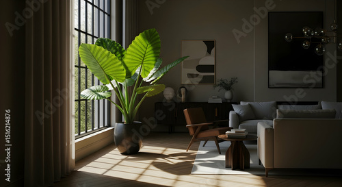 Sunlit Interior Modern Living Room Featuring Green Elephant Ear Plant