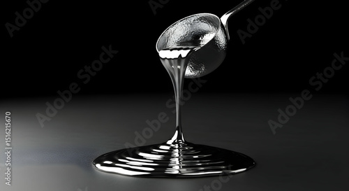 Silvery Liquid Pours from a Ladle Forming an Abstract Metal Spill