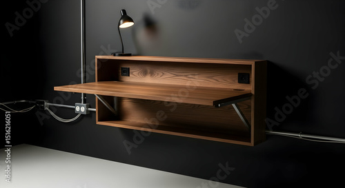 Minimalist Foldable Desk with Wood Texture Mounted On a Dark Modern Wall