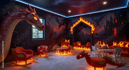 Imaginative Dragon Themed Bedroom Interior With Castle Mural and Fire Accents
