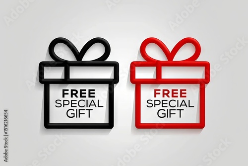 Two gift boxes announcing free special gift offers on a light background, gift, present, box, free, special, offer, promotion, sale, bonus, reward, giveaway, announcement, red, black, white, isolated,