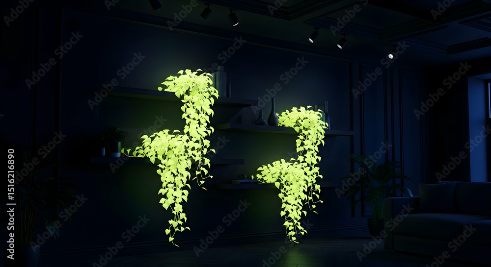 Obraz premium Glowing Pothos Plants Enhancing Dark Interior With Shelves And Atmospheric Lighting