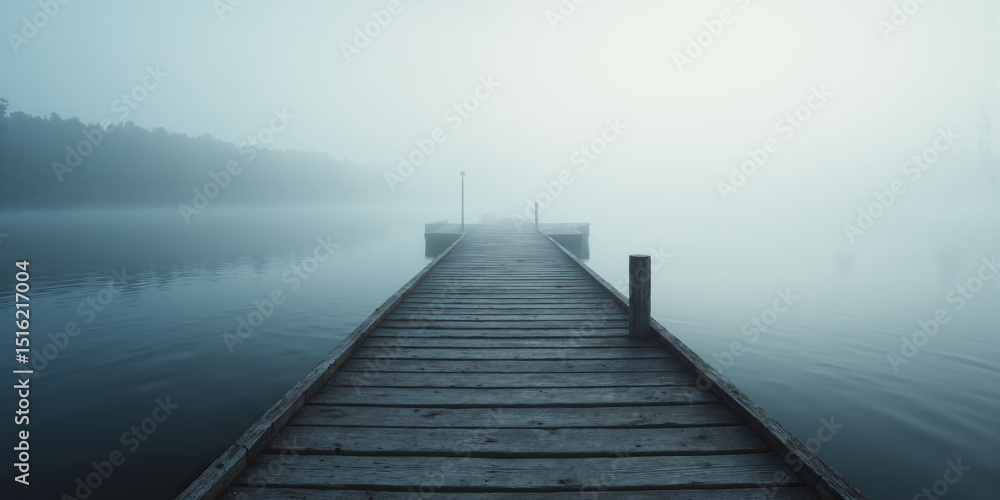 Naklejka premium Tranquil lake pier in morning fog Mindfulness and meditation concept Tranquil lake pier extending into misty waters, foggy early morning