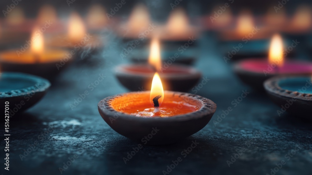 A serene display of traditional clay oil lamps, each radiating a warm flickering flame, creating a tranquil ambiance perfect for spiritual or cultural occasions. A serene display of traditional clay oil lamps, each radiating a warm flickering flame, creating a tranquil ambiance perfect for spiritual or cultural occasions.