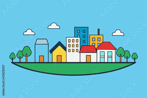 Vector illustration of city houses and buildings, featuring a cartoon urban landscape with trees, sky, and street design