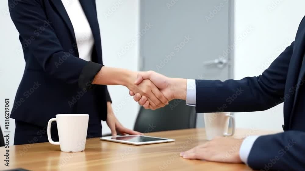 Professional Business Man and Woman Shaking Hands at Office Meeting Table, Corporate Partnership Agreement and Deal Professional Business Man and Woman Shaking Hands at Office Meeting Table, Corporate Partnership Agreement and Deal