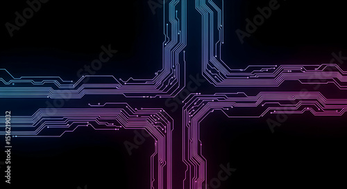 Circuit Board Pattern With Neon Lights On Black Background Illustration