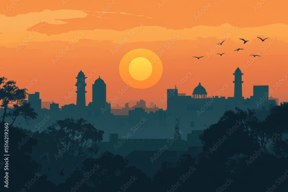 Naklejka premium minimalist poster flat design by Chennai, India at dusk 