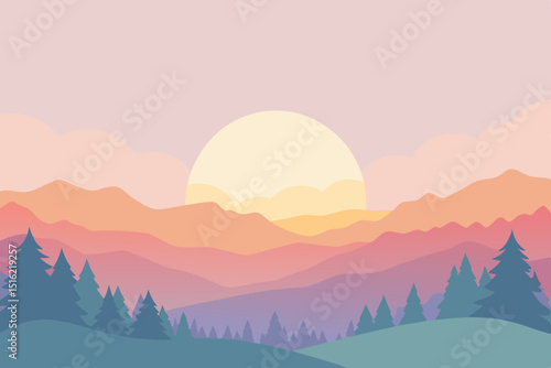 Breathtaking mountain landscape at sunrise or sunset, with mist and clouds filling the valley under a vibrant sky