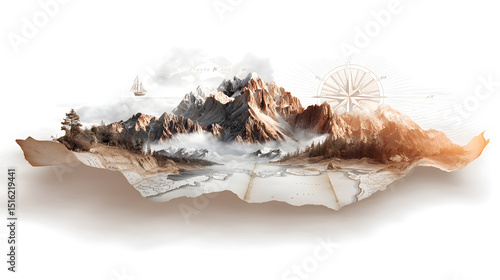 Mountain range emerging from vintage map with sailing ship and compass rose