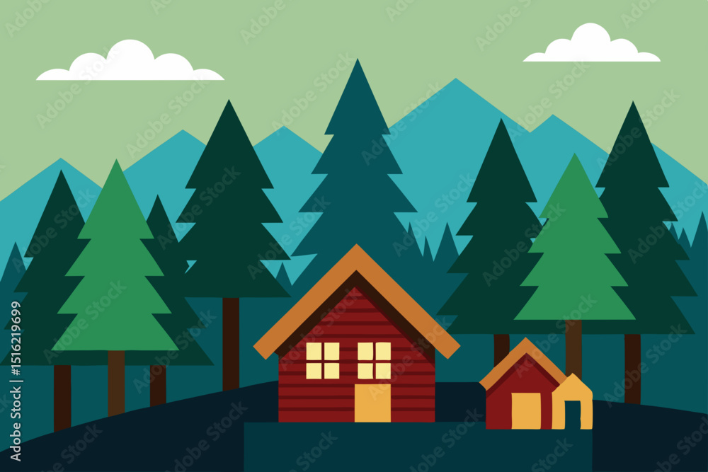 Obraz premium Christmas winter landscape vector illustration with a house, fir trees, and snow, perfect for holiday celebration cards and decoration design